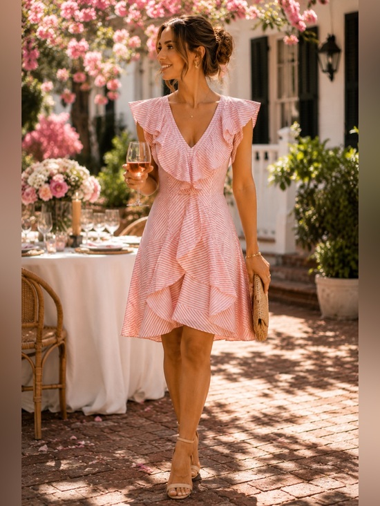 Gianni Bini Dresses & Skirts - Gianni Bini Peach/Pink Stripe Ruffle Midi Dress Flutter Sleeve Size 10 Wedding